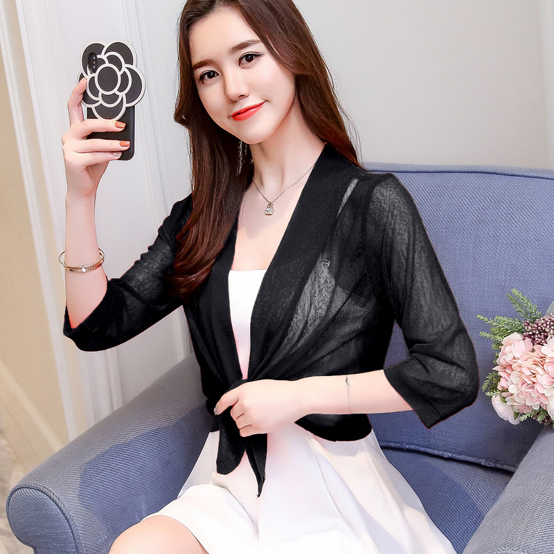 蘑菇街女2018新款女装夏装网纱开衫薄外套小披肩防晒衣空调衫百搭