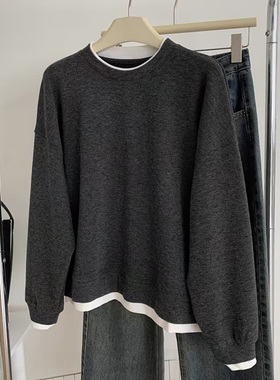 软糯高弹假两件圆领卫衣女宽松韩版深灰色糯米衣春秋加厚磨毛上衣