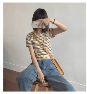 muzi撞色条纹圆领短袖T恤女短款2020春夏款韩版修身显瘦弹力上衣