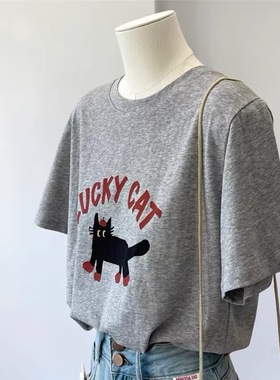 Lucky cats~爱这个麻灰色！韩国圆领卡通短袖T恤上衣 24夏装 女
