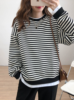 假两件条纹卫衣女长袖2021早秋新款韩版潮流宽松显瘦圆领套头上衣