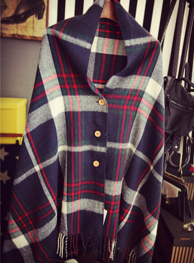 左左欧美风 出口日本两用围巾披肩 仿羊绒复古格子斗篷流苏大围巾
