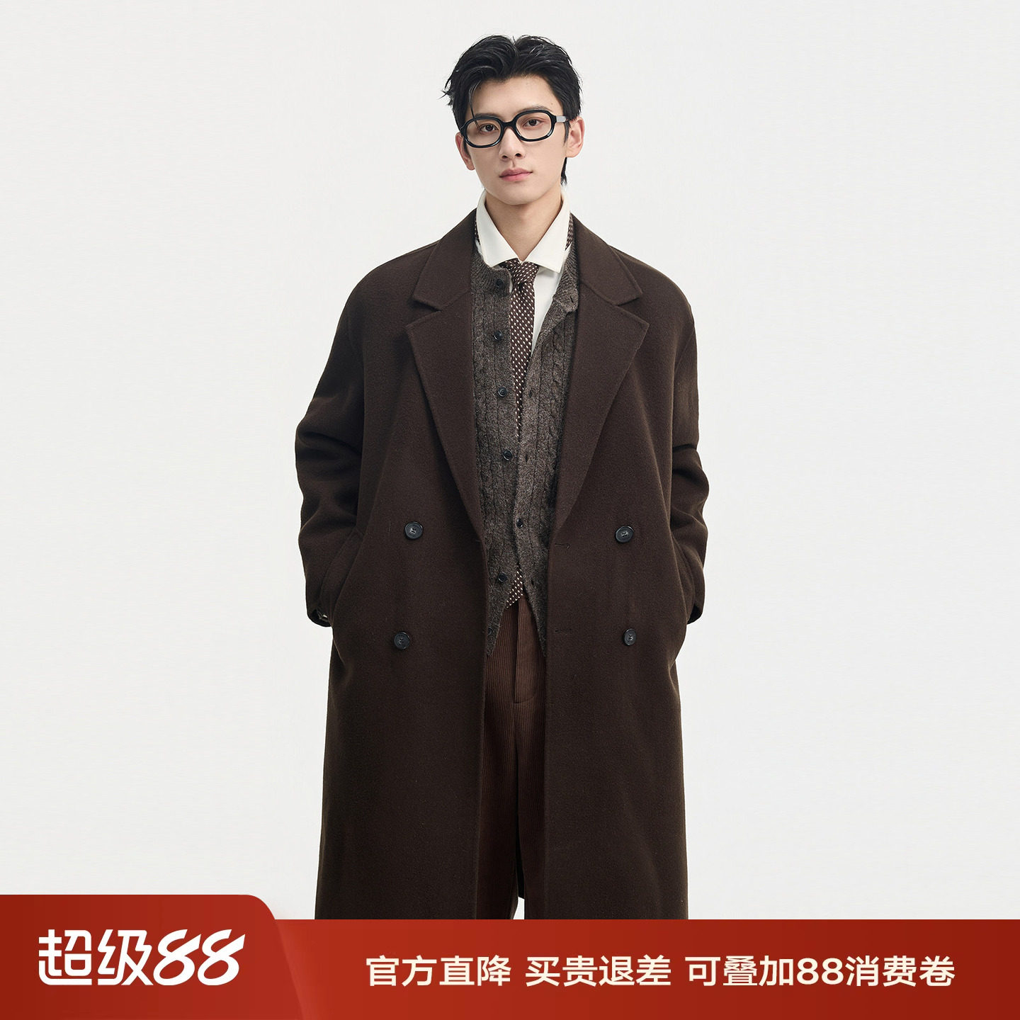 伯爵卓尔100%全羊毛双面呢大衣男士中长款可拆卸鹅绒内胆冬季外套