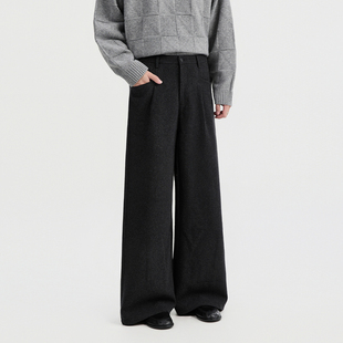 {山羊绒羊毛混纺}BJZE冬季加厚毛呢直筒宽松休闲裤男高级感黑裤子