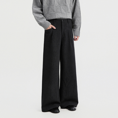 {山羊绒羊毛混纺}BJZE冬季加厚毛呢直筒宽松休闲裤男高级感黑裤子