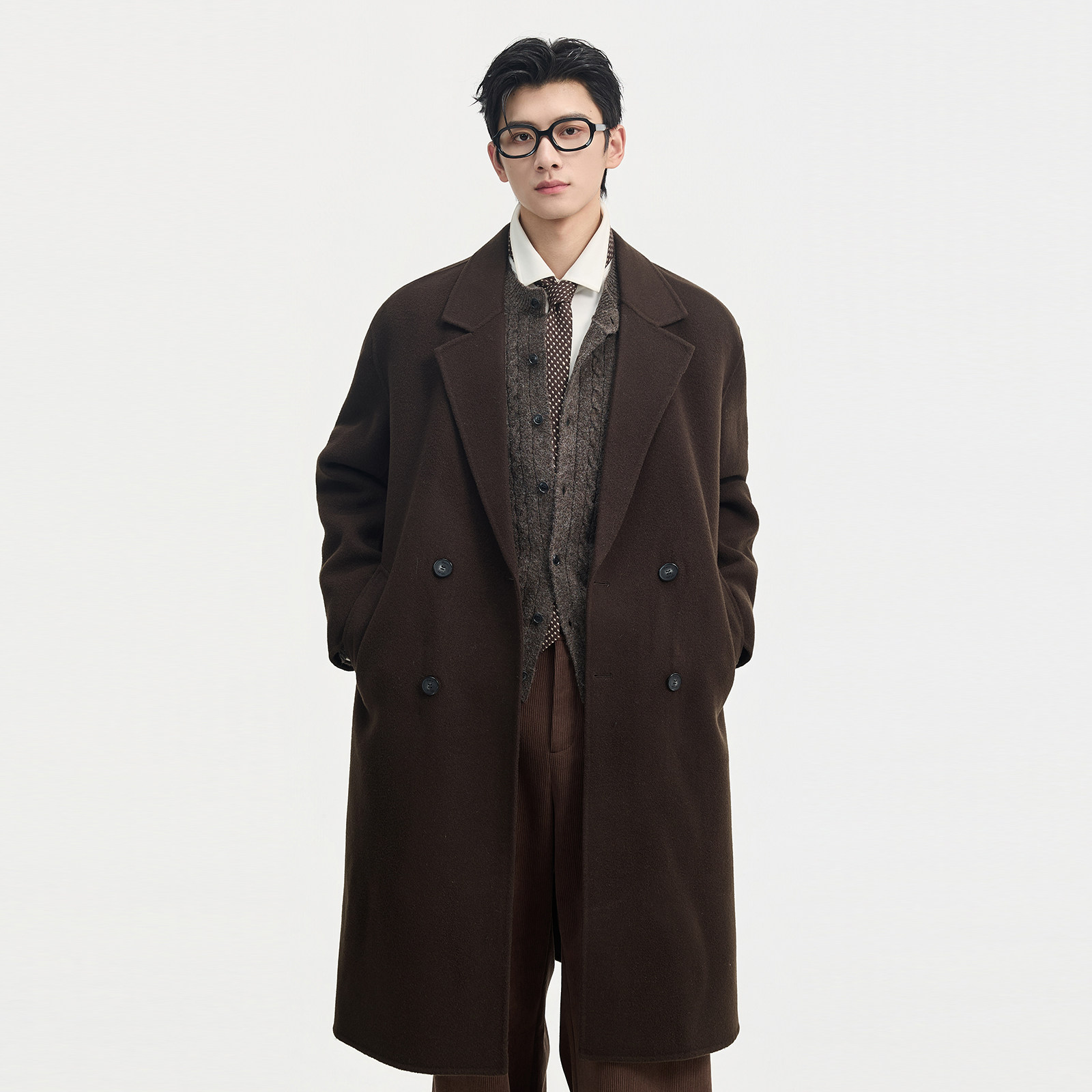 伯爵卓尔100%全羊毛双面呢大衣男士中长款可拆卸鹅绒内胆冬季外套