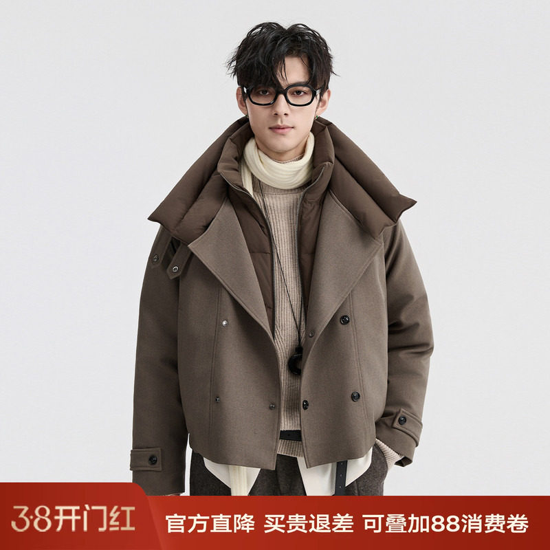 {假两件拼接设计}伯爵卓尔25深冬短款保暖羽绒服男士英伦复古外套