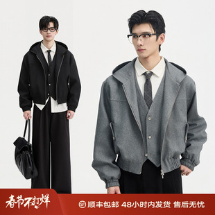{高级假两件设计感}BJZE25秋季连帽短款夹克外套男生休闲通勤上衣