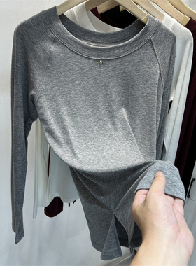 安哥拉灰色超漂亮开叉褶皱钉珠长袖T恤女2025早秋上衣宽松打底衫