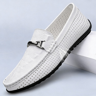 男鞋夏季冲孔透气豆豆鞋男真皮软皮软底一脚蹬懒人鞋白色休闲皮鞋