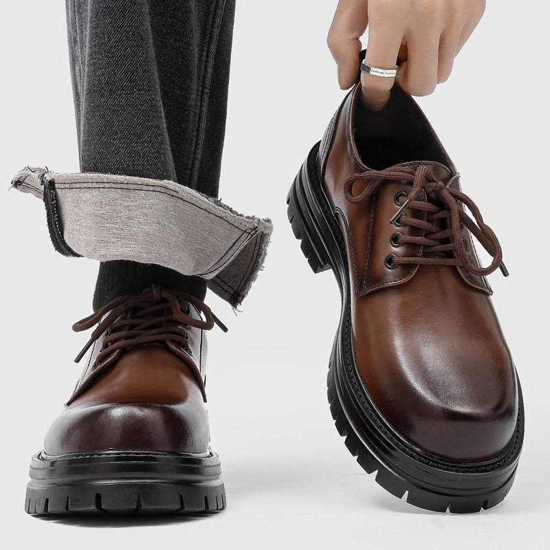 男鞋2026新款厚底增高大头休闲皮鞋男英伦风男士低帮工装鞋马丁靴