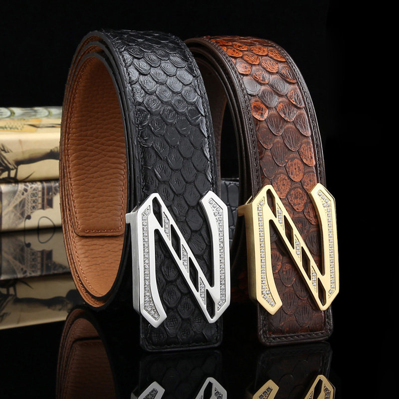 诚优陈品 蛇皮腰带男镶钻不锈钢内穿扣皮带男款真皮平滑扣裤带3.8