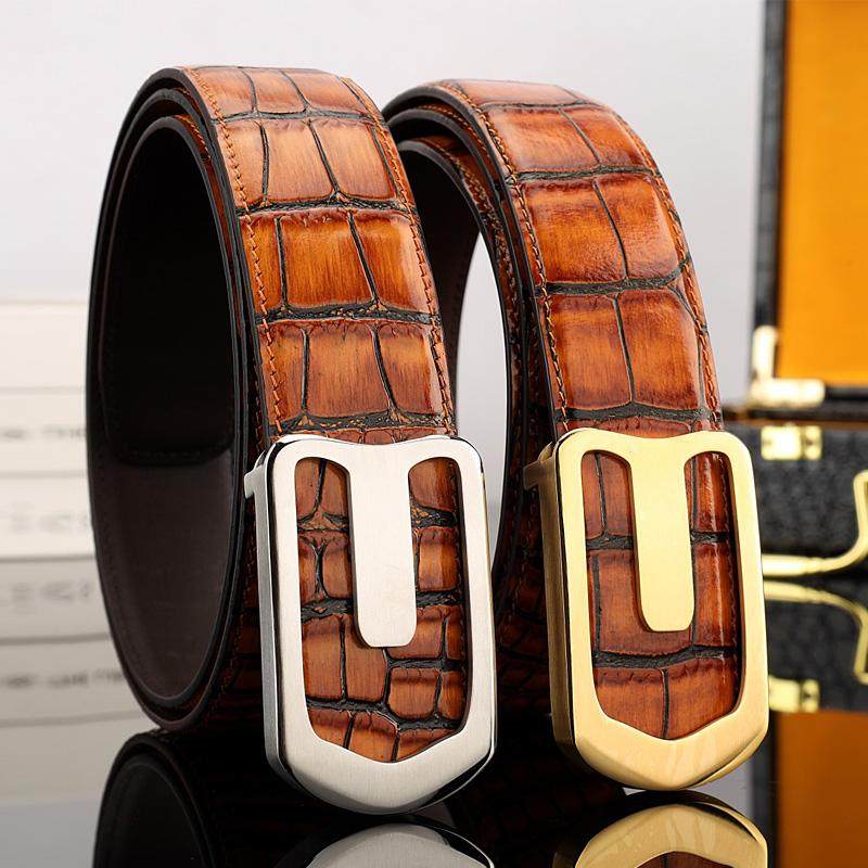 品牌皮带男士真皮平滑扣腰带不锈钢头内穿扣奢侈品高档鳄鱼纹裤带