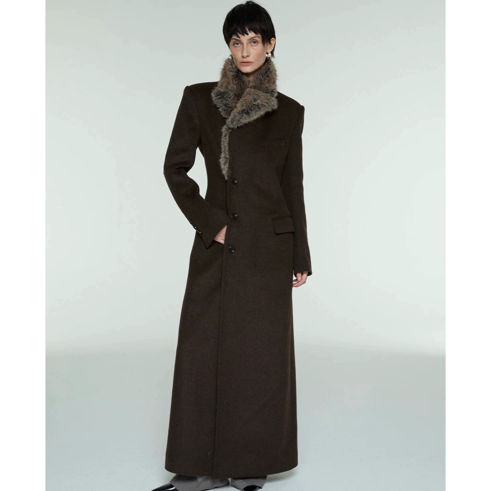 酒红色毛领双排扣呢子大衣女秋冬季毛呢外套 设计师SIP CLASS