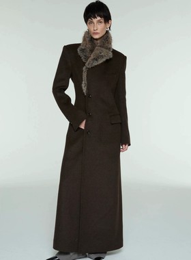 正品现货酒红色毛领毛呢大衣女秋冬季外套 设计师SIP CLASS