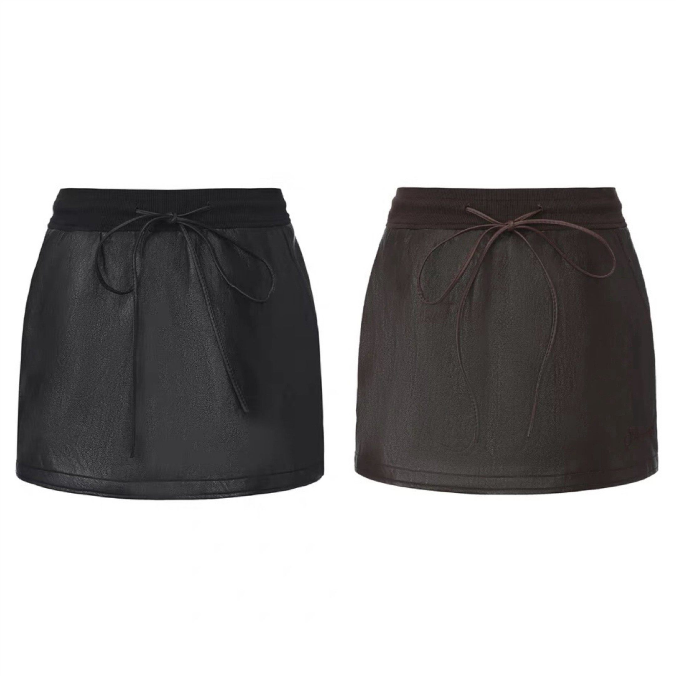 新品 简约皮革抽绳A字半裙 街头感百搭遮胯短裙