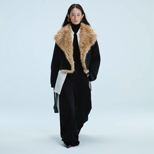 拼接皮草毛呢外套 冬季宽松短上衣 设计师品牌SIP CLASS