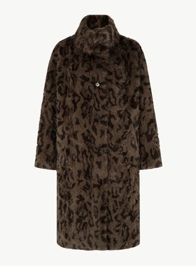 立领宽松长款豹纹毛呢大衣 外套秋冬女 简白CONCISE WHITE