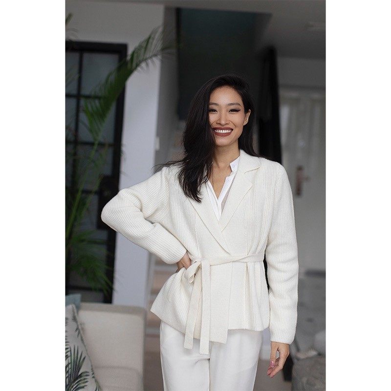 Vera开襟羊绒衫瑞典cg百搭中长款系带宽松翻领秋冬针织气质长袖