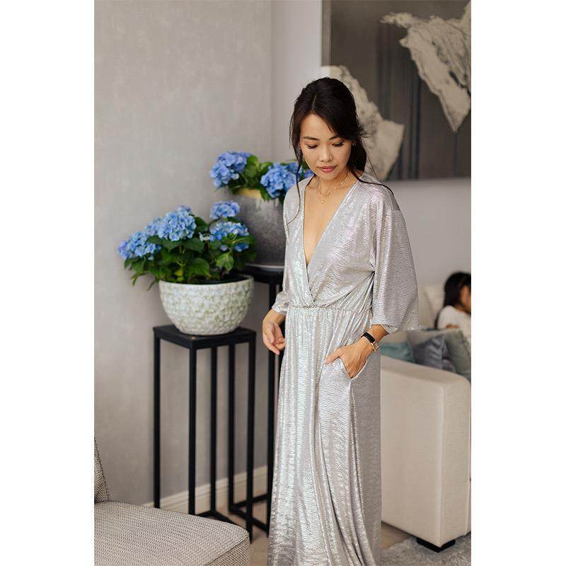 Elizabeth连衣裙 灰色烫金压褶连衣裙 瑞典