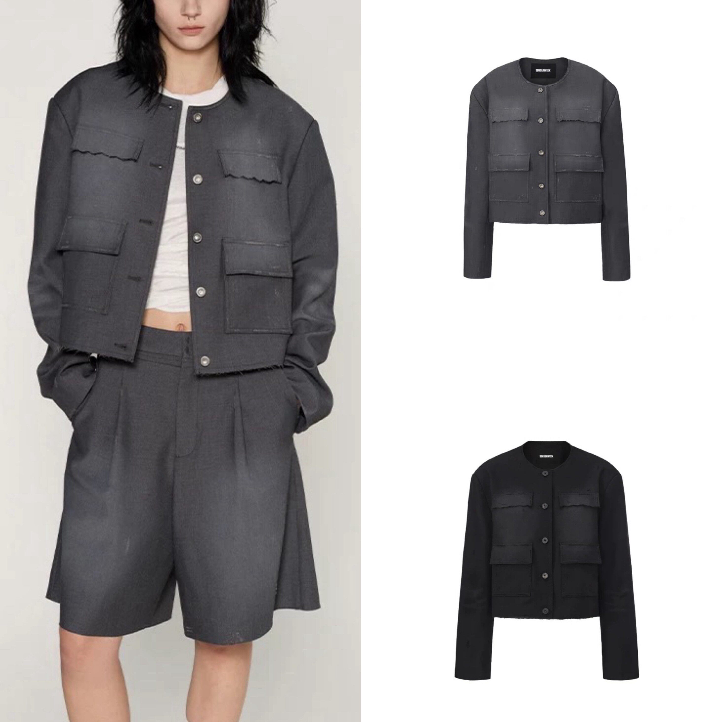 水洗马骝毛边无领短西装 廓形夹克设计师集合26春季