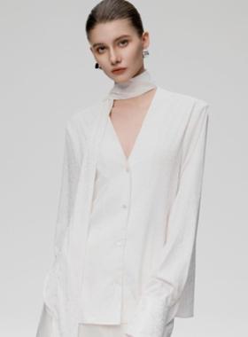 白色v领气质休闲复古修身衬衣飘带衬衫CORA&WYNN洛杉矶