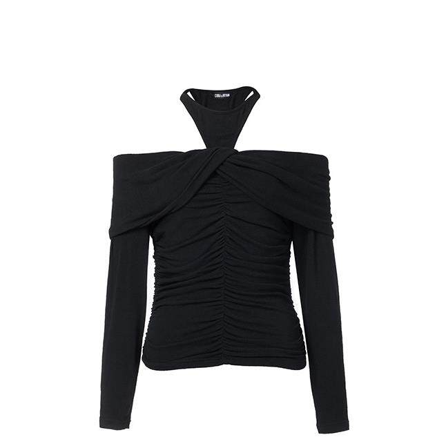 美国设计师cora&wynn 黑色假两件背心两穿上衣女 修身弹力