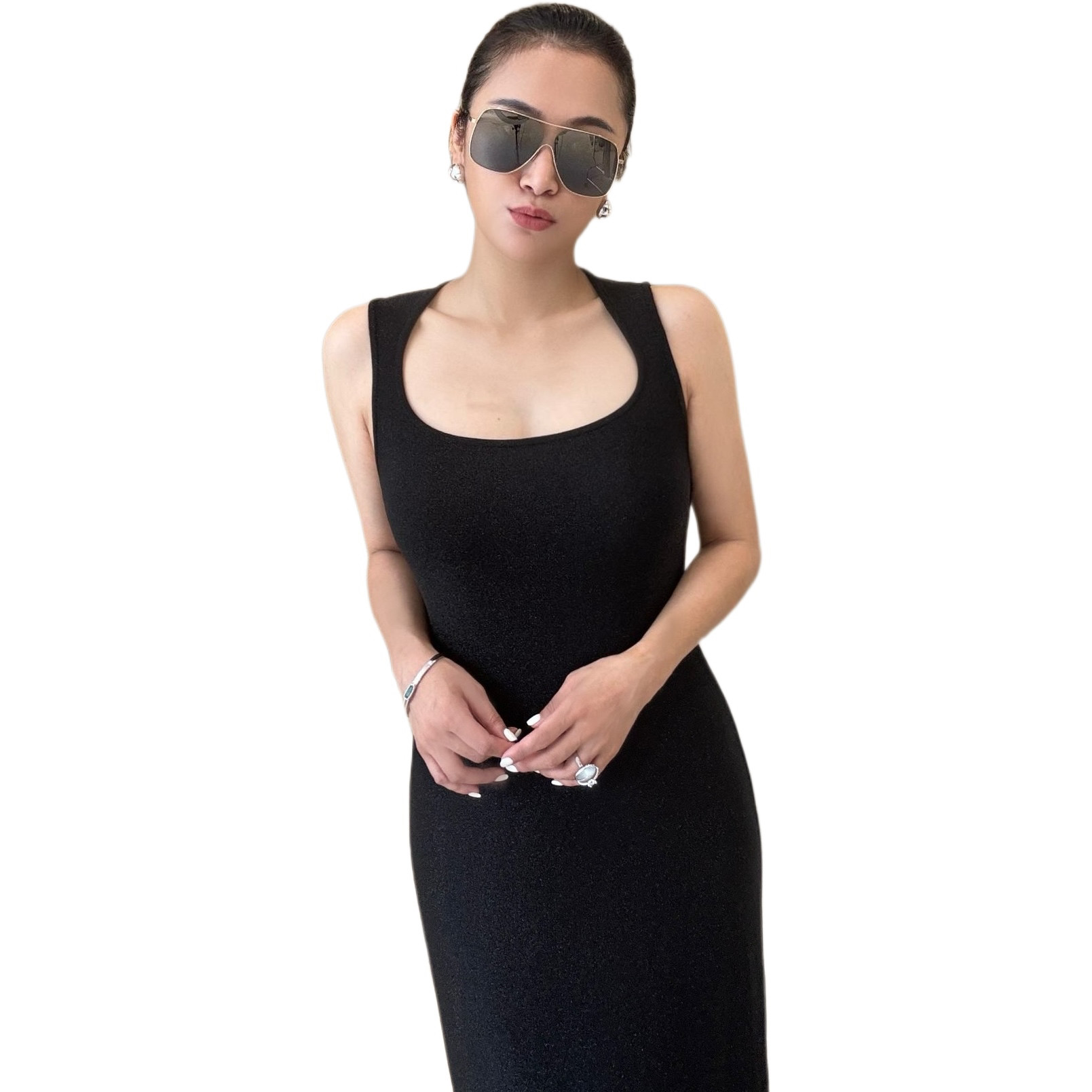 CORA&WYNN暗闪背心长长款黑色修身连衣裙裙子显瘦气质设计师