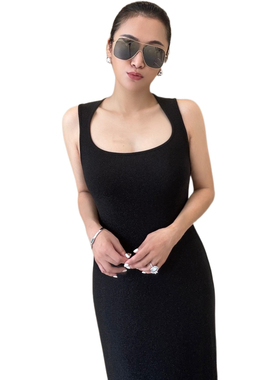 CORA&WYNN暗闪背心长长款黑色修身连衣裙裙子显瘦气质设计师