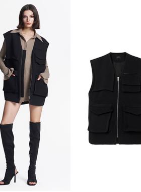 黑色多口袋拉链马甲无袖外套 女士外套洛杉矶CORA&WYNN