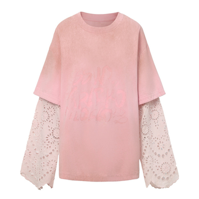 蕾丝拼接喷染印花长袖T恤上衣oversize刺绣宽松假两件Senseaweek