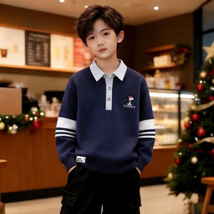 史努比翻领POLO衫男童加绒加厚卫衣2025秋冬儿童休闲百搭长袖上衣