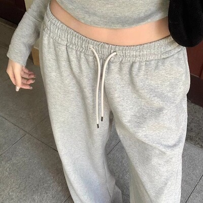 sunn21 时髦灰色抽绳卫裤女春夏新款休闲宽松抽绳百搭运动阔腿裤