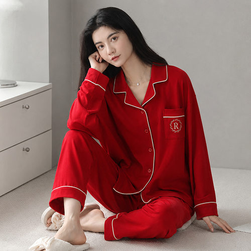 美梦纯棉大码睡衣女春秋长袖长裤简约家居服两件套装可外穿开衫休