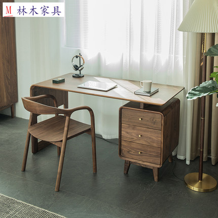 实木书桌简约现代组合书房抽屉写字台黑胡桃木办公电脑桌家用定制