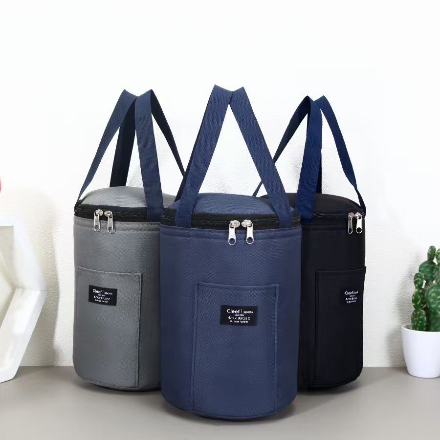 原宿防水饭盒圆形保温手提袋防油加厚便当圆桶袋带饭珍珠棉上班族