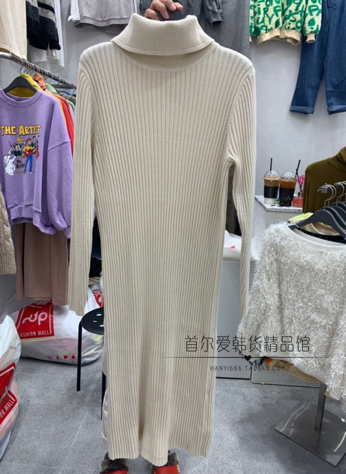 现~韩国代购高领针织连衣裙 秋冬后开叉修身中长款打底修身针织裙