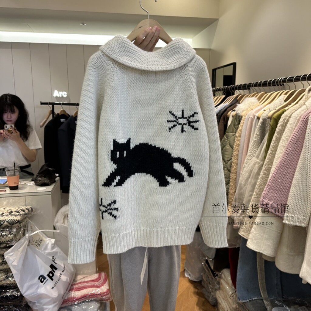 韩国东大门代购可爱猫猫开衫毛衣女 25冬季保暖刺绣宽松针织外套