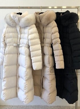 现~double j韩国代购狐狸毛领修身长款羽绒服 25冬加厚暖鸭绒外套