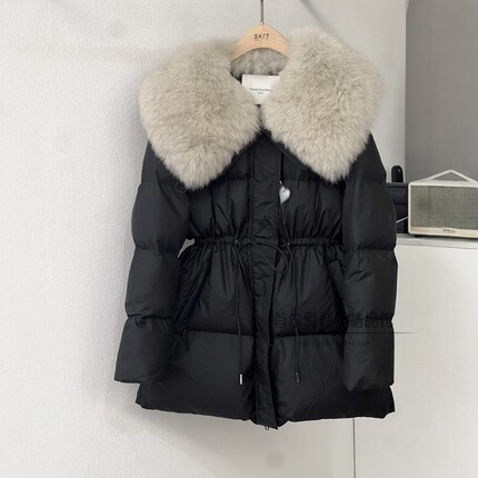 现！韩国代购大毛领抽绳收腰短款羽绒服 24冬季洋气显瘦鸭绒外套