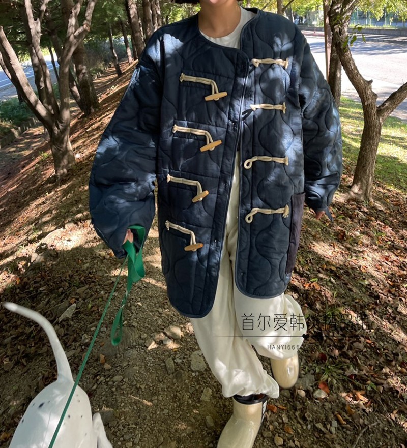 韩国代购大版型牛角扣菱格纹棉衣外套 25秋洋气大口袋宽松夹棉服