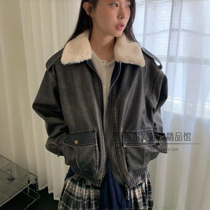 韩国代购做旧夹棉PU皮衣外套 可拆卸毛领 24秋冬洋气复古机车夹克