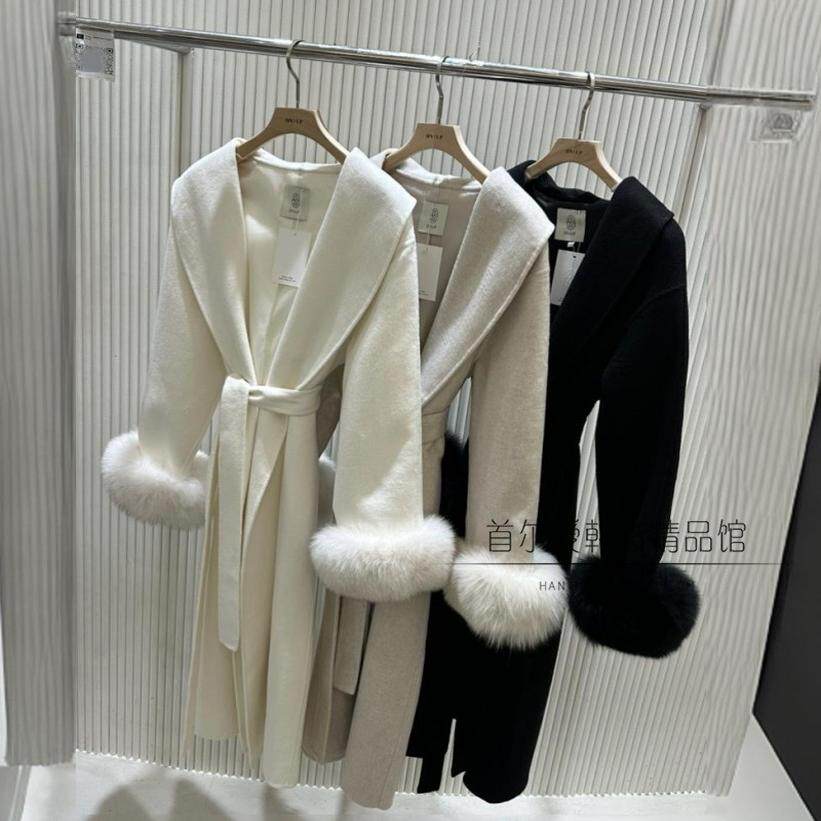 韩国东大门代购袖口毛毛长款羊绒大衣 24冬洋气系带毛呢休闲外套