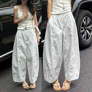 純色時(shí)尚 高腰寬松鐮刀褲 女夏季 新款 闊腿褲 休閑褲 韓系薄款 九分褲