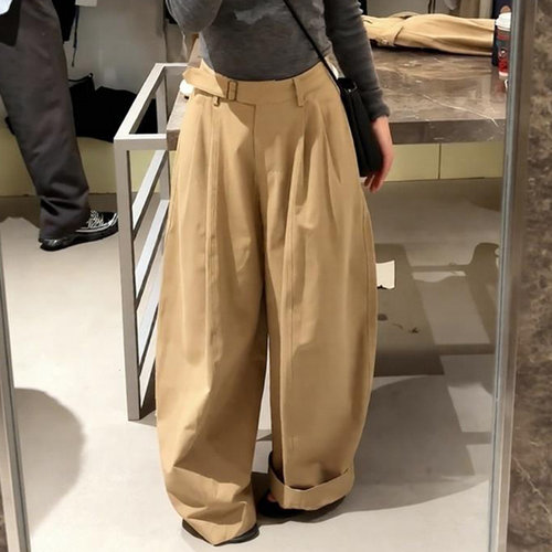卡其色垂感宽松弯刀裤长裤
