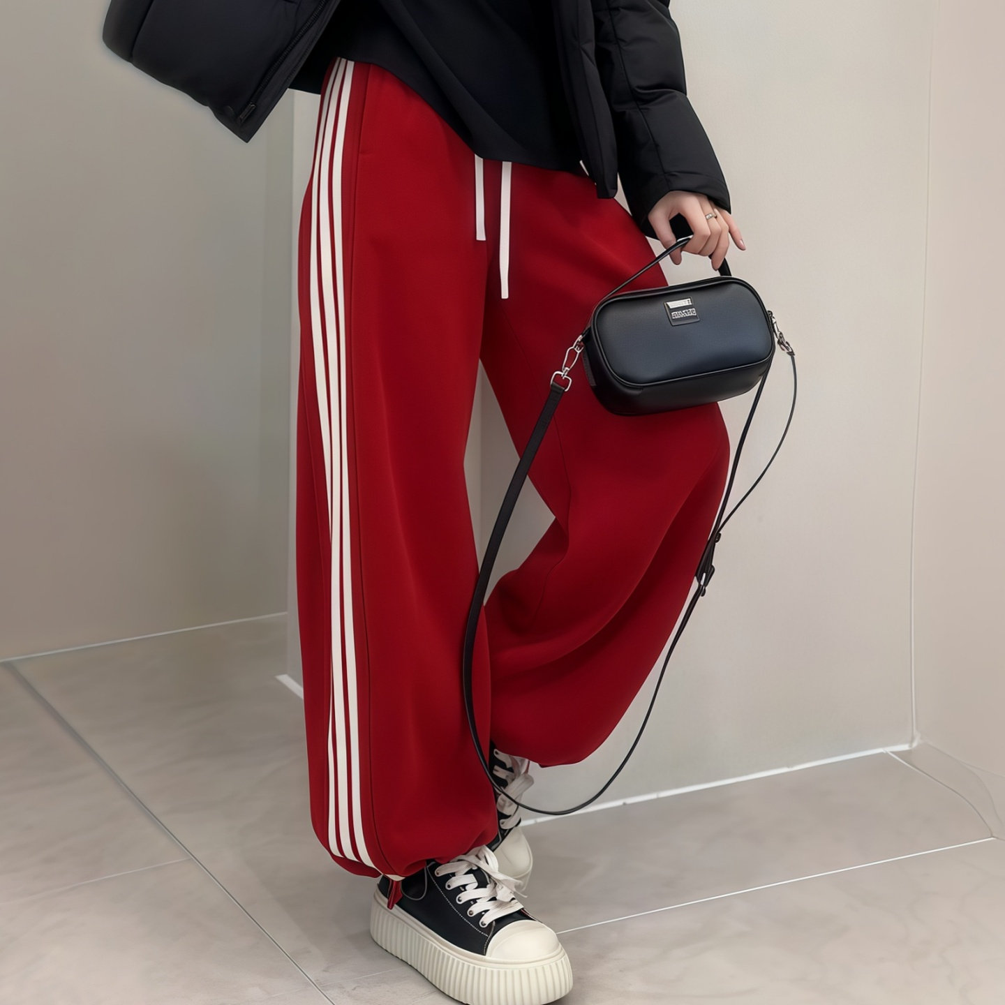 冬季圣诞红加绒高腰阔腿裤卫裤女韩版侧边条纹加厚休闲裤运动裤,女装/女士精品,卫裤,淘宝优惠券,粉丝福利购,淘宝优惠卷