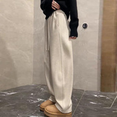 加绒加厚保暖裤 子 女宽松休闲显瘦阔腿裤 子女2025新款 米白色弯刀裤