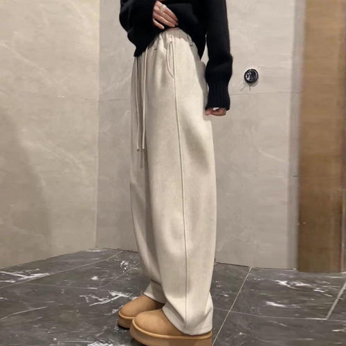 加绒加厚保暖裤子女米白色