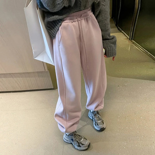 卫裤 宽松阔腿运动休闲裤 2025秋冬新款 加绒束脚裤 子 韩版 粉色女款