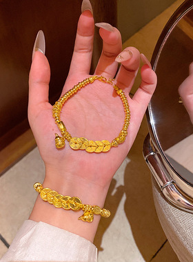 新中式小红书同款沙金五帝钱拉丝葫芦盘缠手串复古百搭福禄手链女